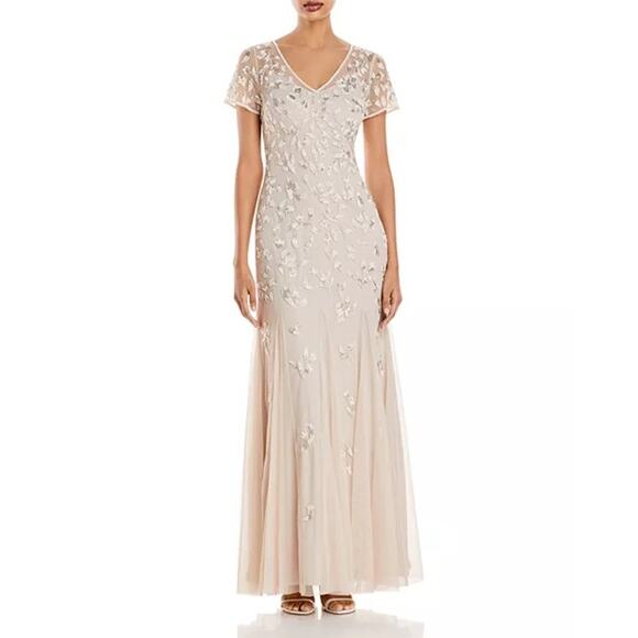 New Adrianna Papell Sz 10 Biscotti Beaded Godet Short Sleeve V-Neck Evening Gown - Picture 1 of 16